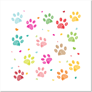 Colorful hand drawn doodle paw prints with hearts Posters and Art